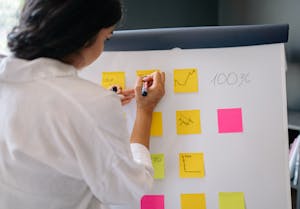 A person juggling multiple tasks with sticky notes and clocks in the background.