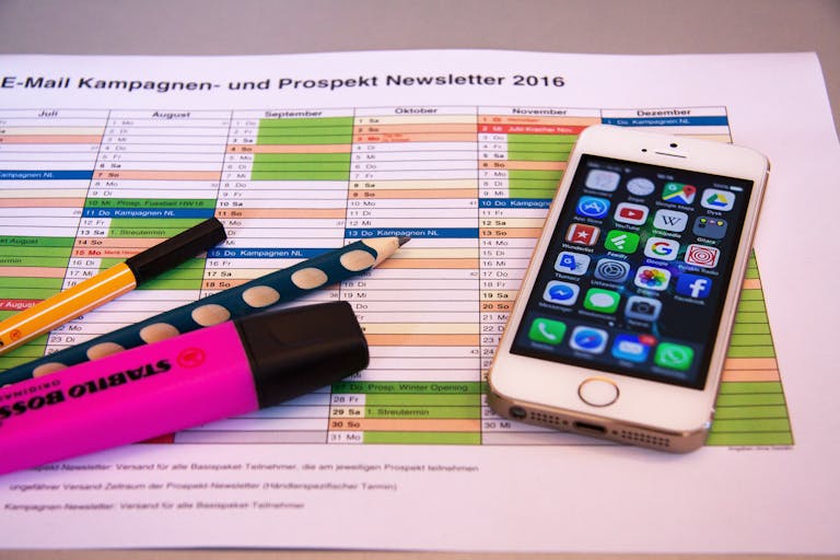 A digital calendar or planner with color-coded time blocks
