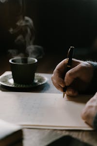 A person writing in a journal or a habit tracker with a cup of coffee beside them