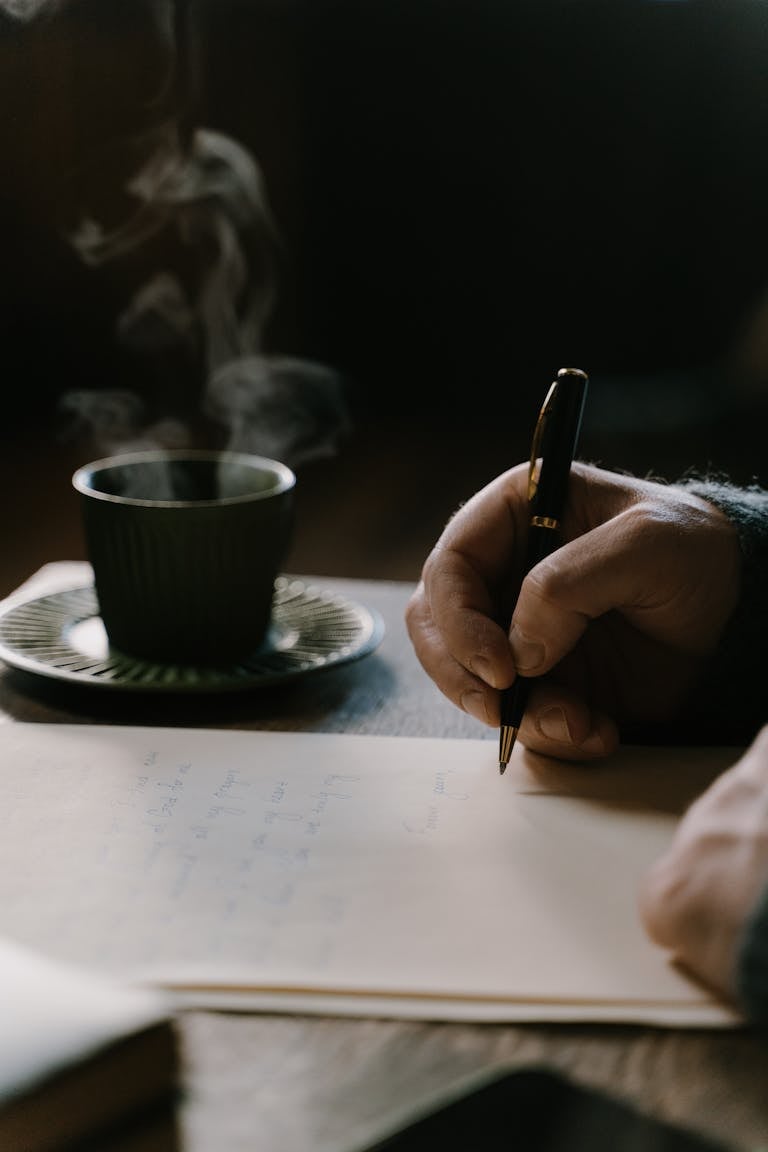 A person writing in a journal or a habit tracker with a cup of coffee beside them