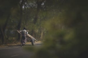A person confidently making a choice at a forked road, with one path fading into clutter and the other toward clarity and focus.