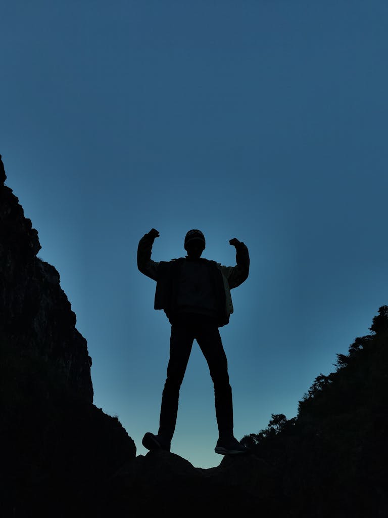 A person standing tall on a mountain peak, symbolizing strength and resilience.