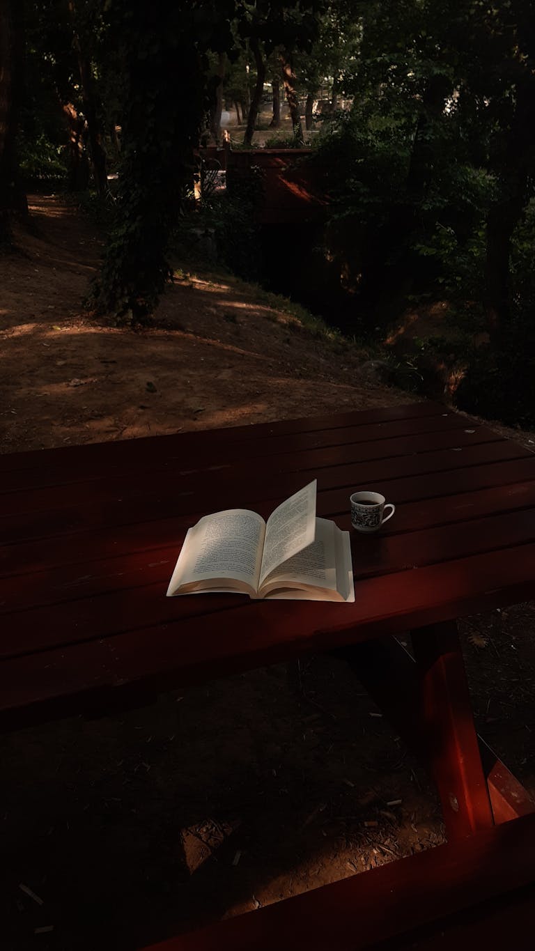 A peaceful morning scene with coffee, a book, and natural sunlight—no devices in sight.