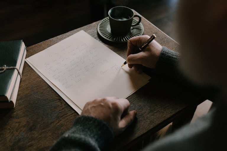 An open journal with handwritten goals and a cup of coffee on a clean desk.