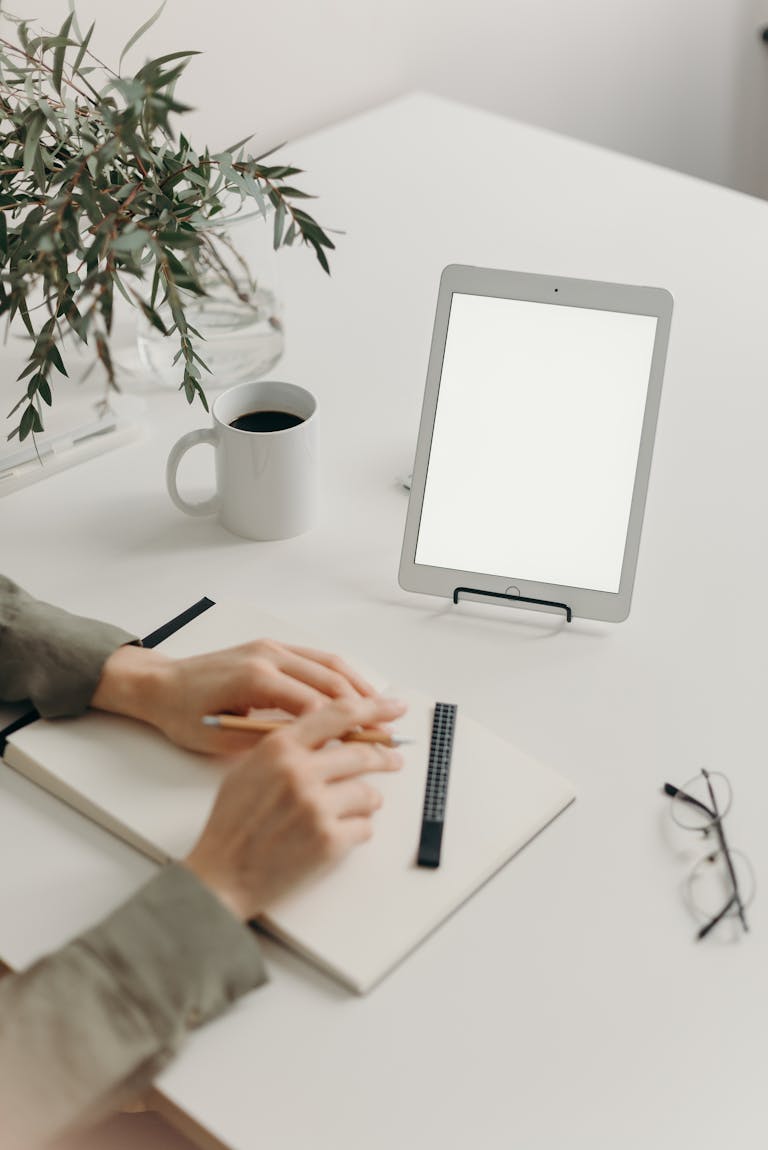 A clean, organized workspace with a single notebook and plant, radiating calm and focus.