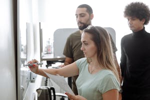 A team actively brainstorming around a whiteboard filled with colorful notes and diagrams.